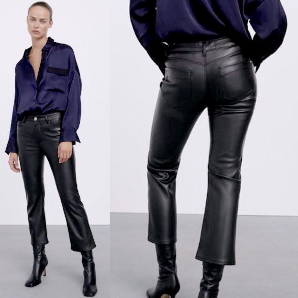 Zara Faux Leather CROPPED Trouser Flare Pants Jeans BLACK Size 00 NEW